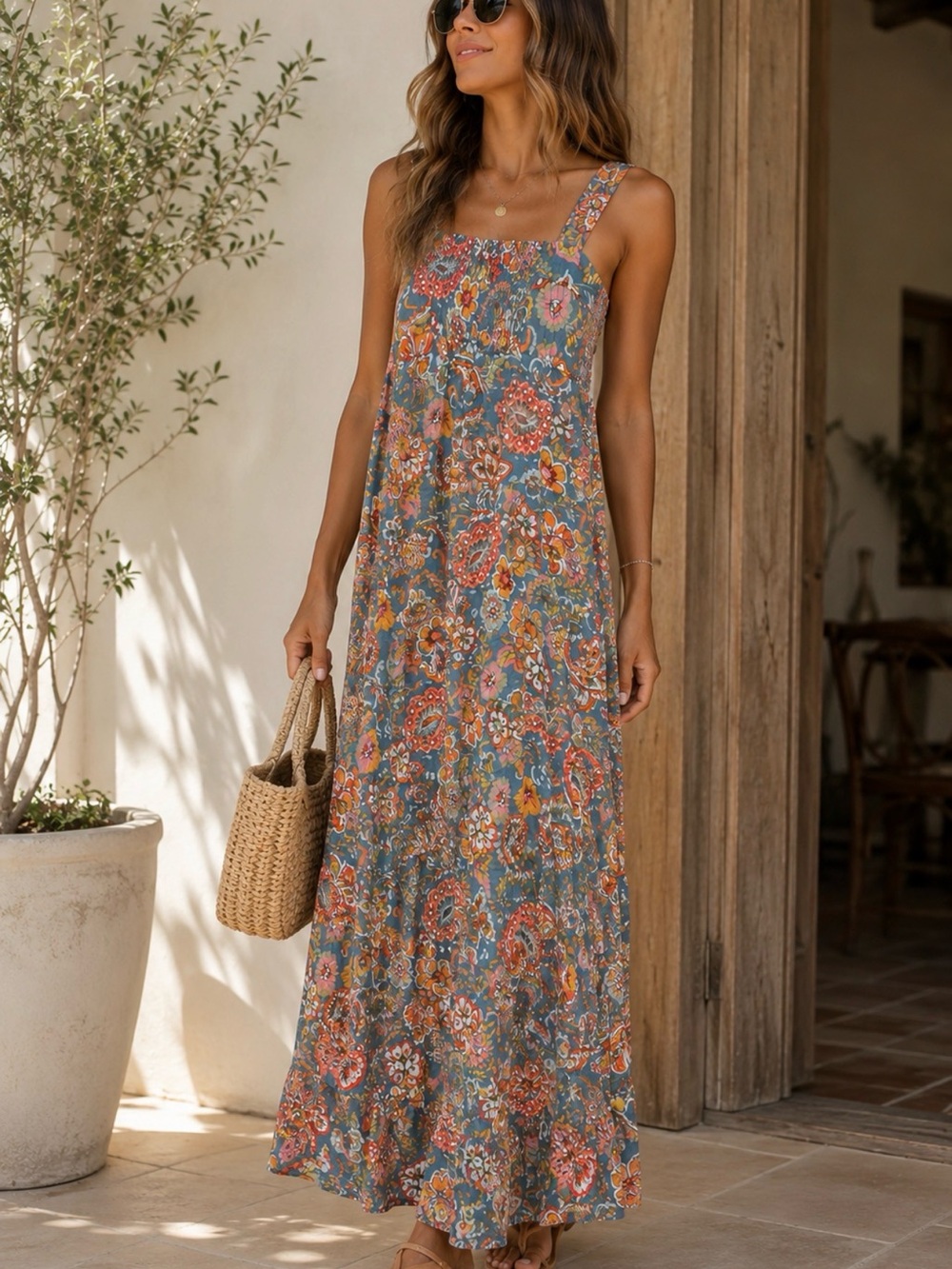 Vince Camuto Smocked Floral Paisley Midi Dress Boho Rayon Medium